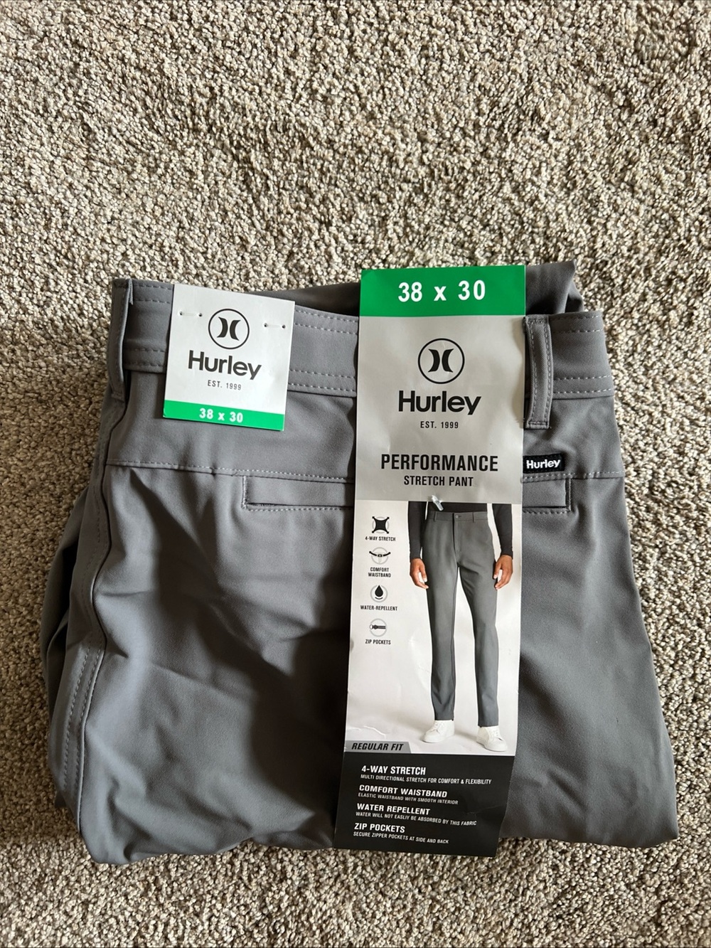 NWT Hurley Performance Stretch Pants Regular Fit Gray 38X30 Zip Pockets Golf